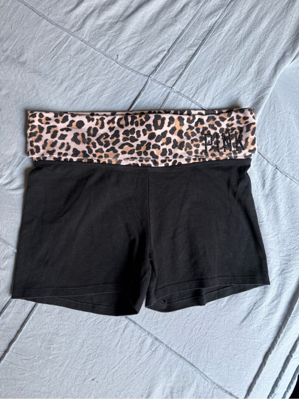 PINK Victoria's Secret Black Yoga Shorts with Leopard Fold-Over Waistband